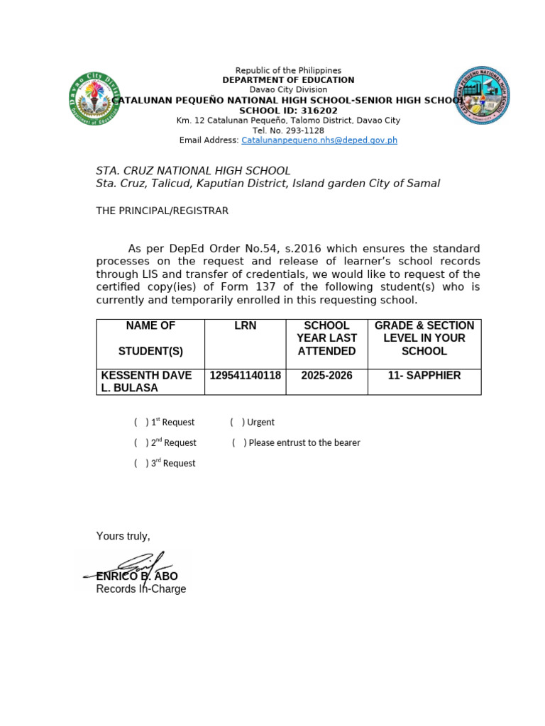 Request Letter for Form 137 From Originating School (1) | PDF