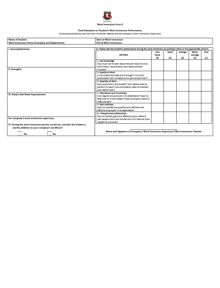 Work Immersion Form 2 | PDF
