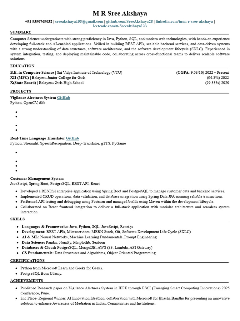 M R Sree Akshaya - Resume-11 | PDF | Real Time Computing | Software ...
