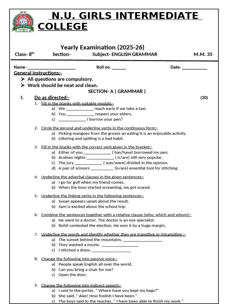 Grade 8 Final English Grammar | PDF