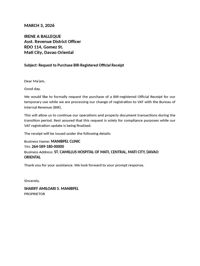 Letter Request for Bir Receipt Shariff | PDF