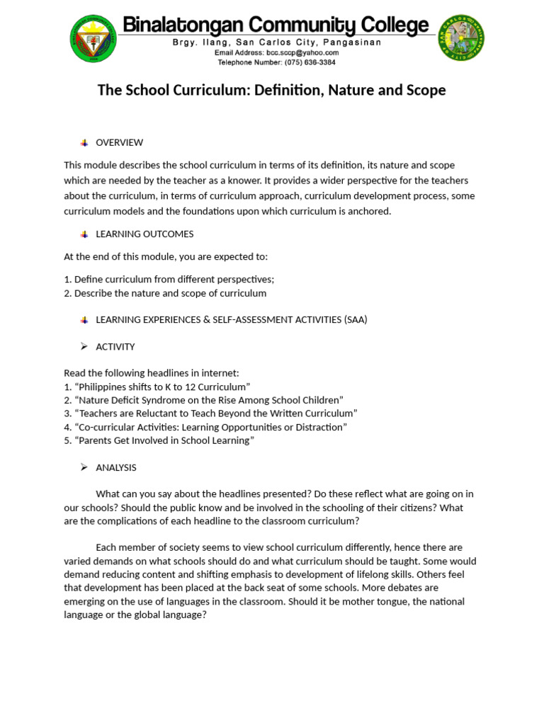 Module 1 Unit 1 Nature of the Curriculum Definition Nature and Scope ...
