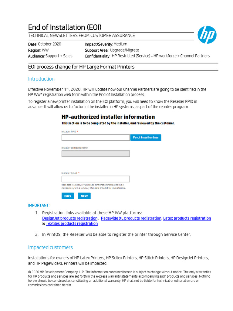 L - End of Installation (EOI) Process Change - Large Format Printers | PDF