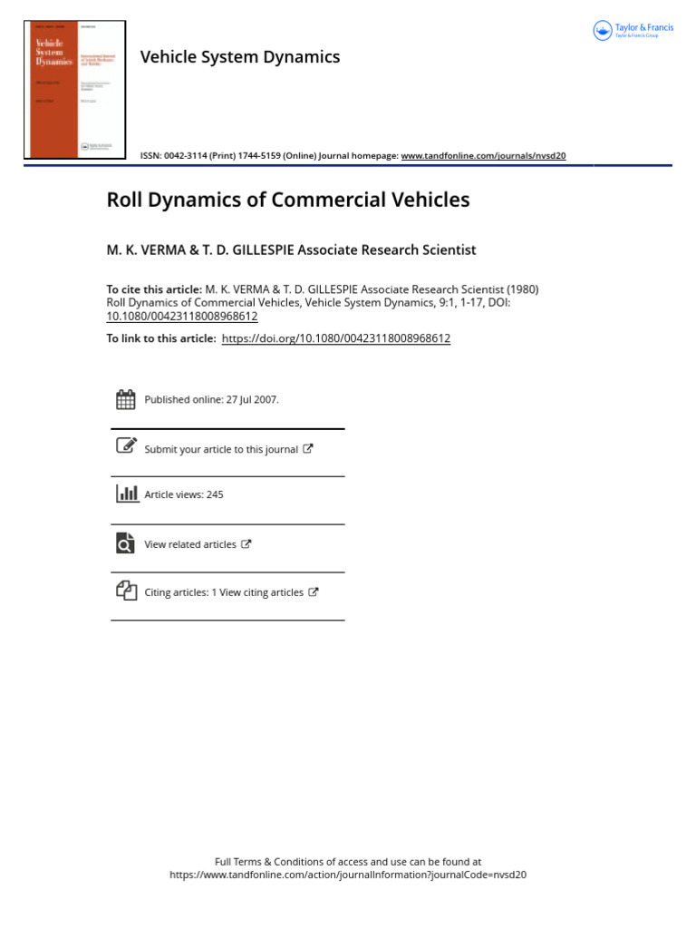 Roll Dynamics of Commercial Vehicles | PDF | Applied And ...
