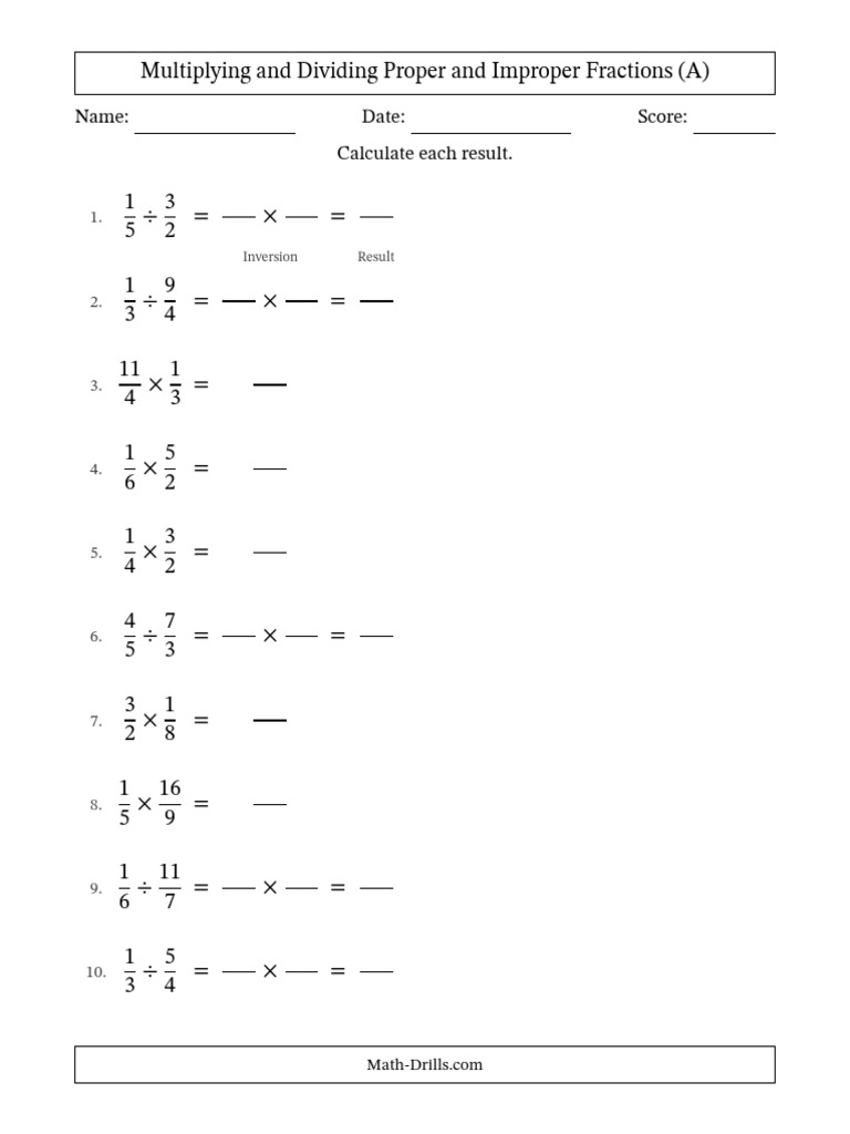 Fractions Operations 02 Fillable 06 Multiplication Division 02 Improper ...