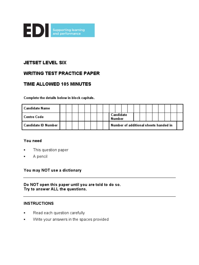 Jetset Level Six Writing Test Practice Paper Time Allowed 105 Minutes | PDF