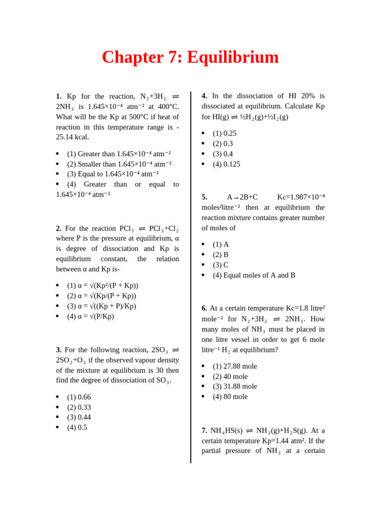 Equilibrium Questions 1-20 | PDF | Chemical Equilibrium | Acid ...