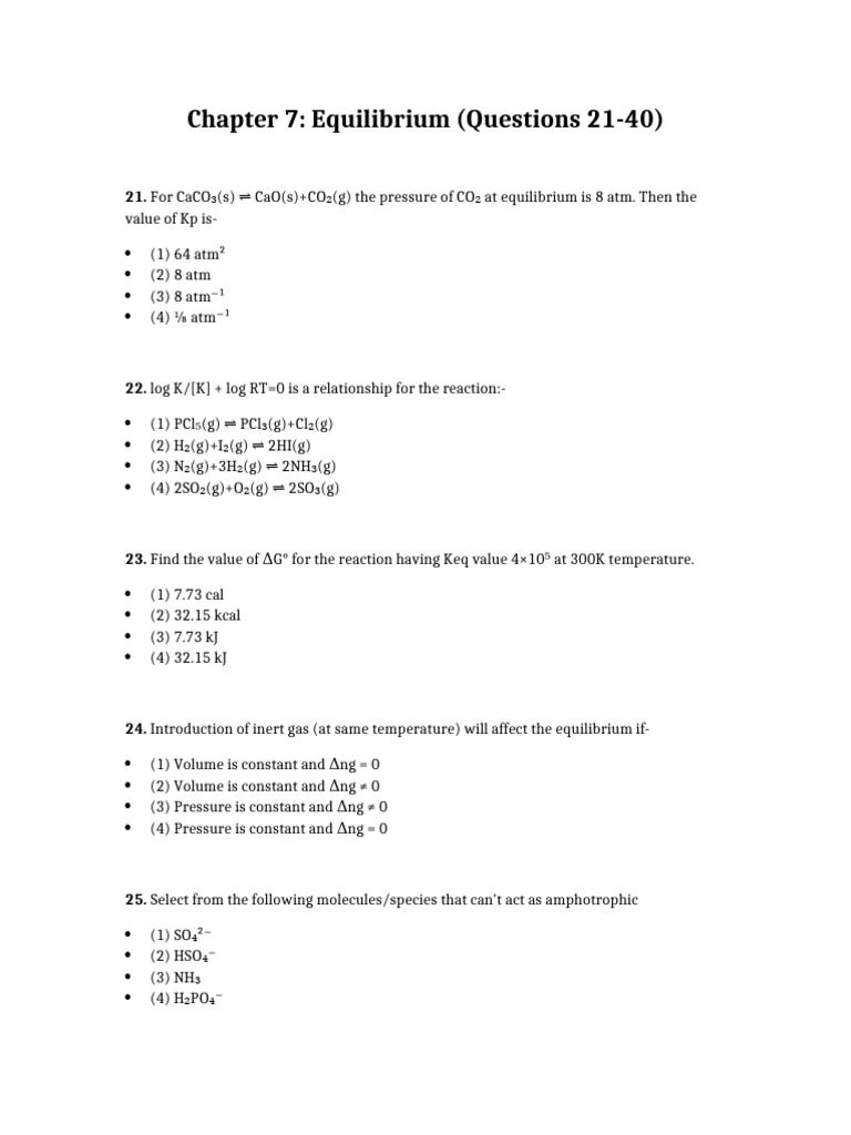 Equilibrium Questions 21-40 | PDF