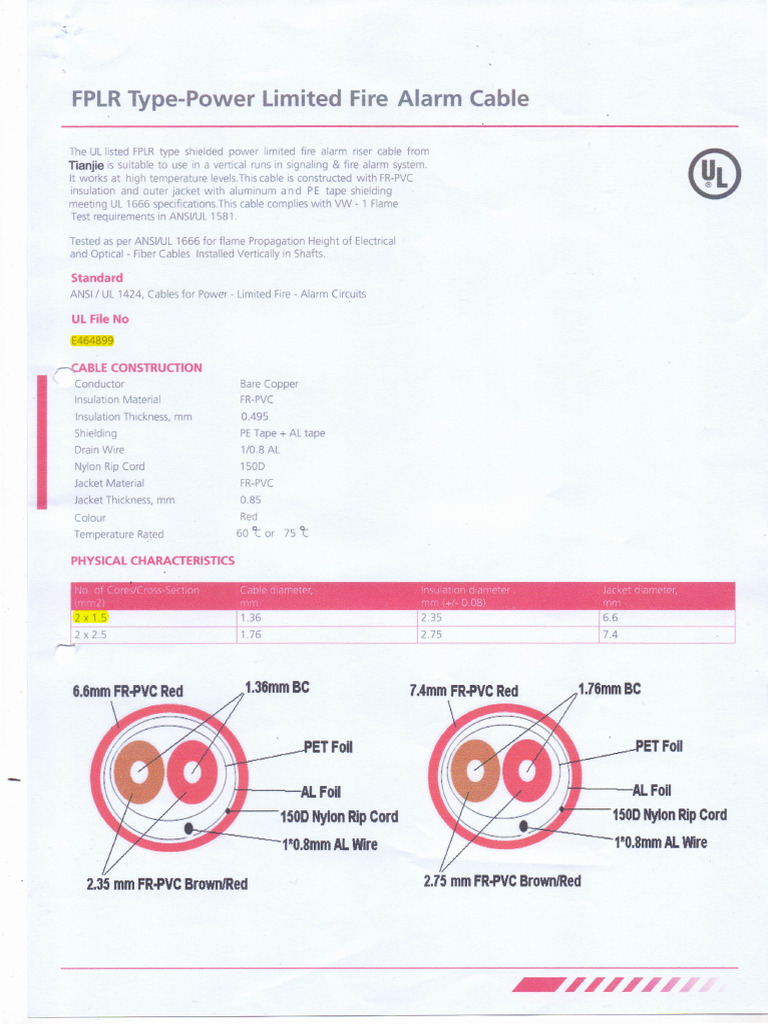 Tianjie Brand Fire Alarm Cable Data Sheet | PDF