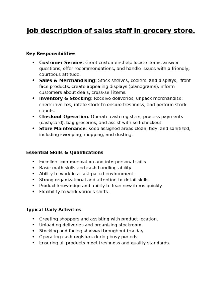 Job Description of Sales Staff in Grocery Store | PDF