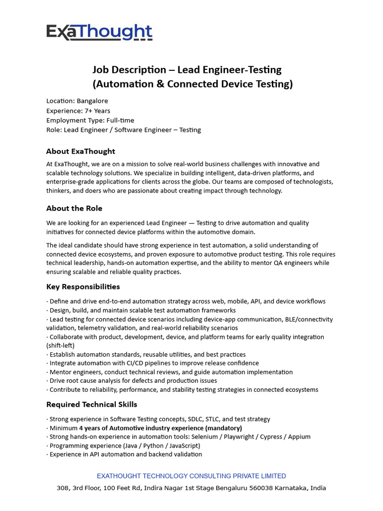 Lead Test Engineer - JD - Exathought | PDF | Automation | Reliability ...