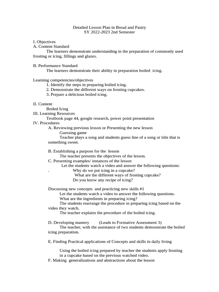 Detailed-Lesson-Plan-in-Bread & Pastry | PDF | Lesson Plan | Icing (Food)