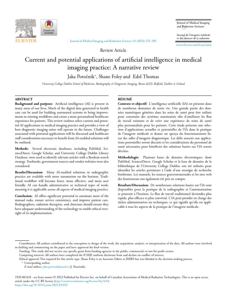 Current and Potential Applications of Artificial Intelligence in ...