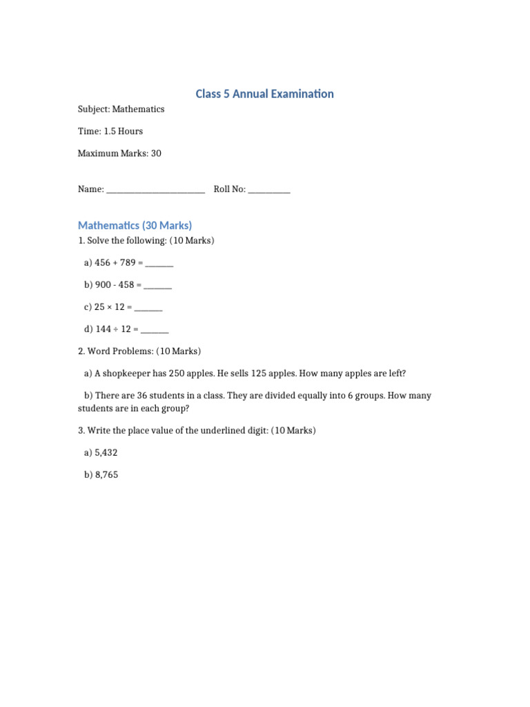 Class 5 Mathematics Exam Paper | PDF