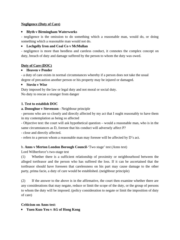 Negligence Duty of Care Notes | PDF | Negligence | Common Law