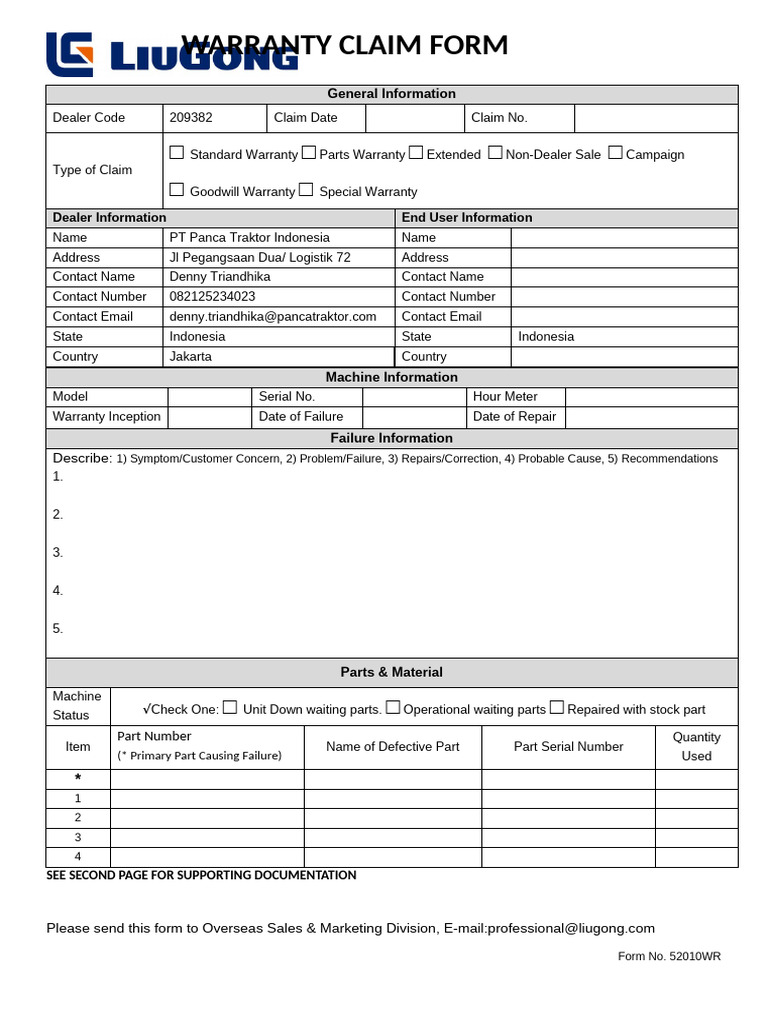 12-1attachment 3-Warranty Claim Form No. 52010WC - DC | PDF