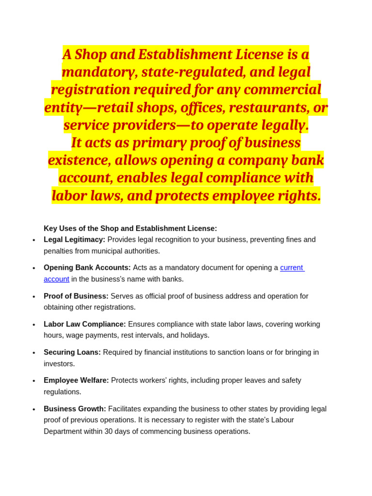 Importance of Shop and Establishment License Uttar Pradesh | PDF