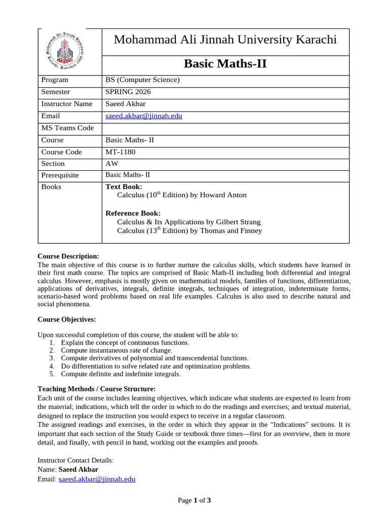 Course Outline of Basic Maths-II | PDF | Function (Mathematics ...