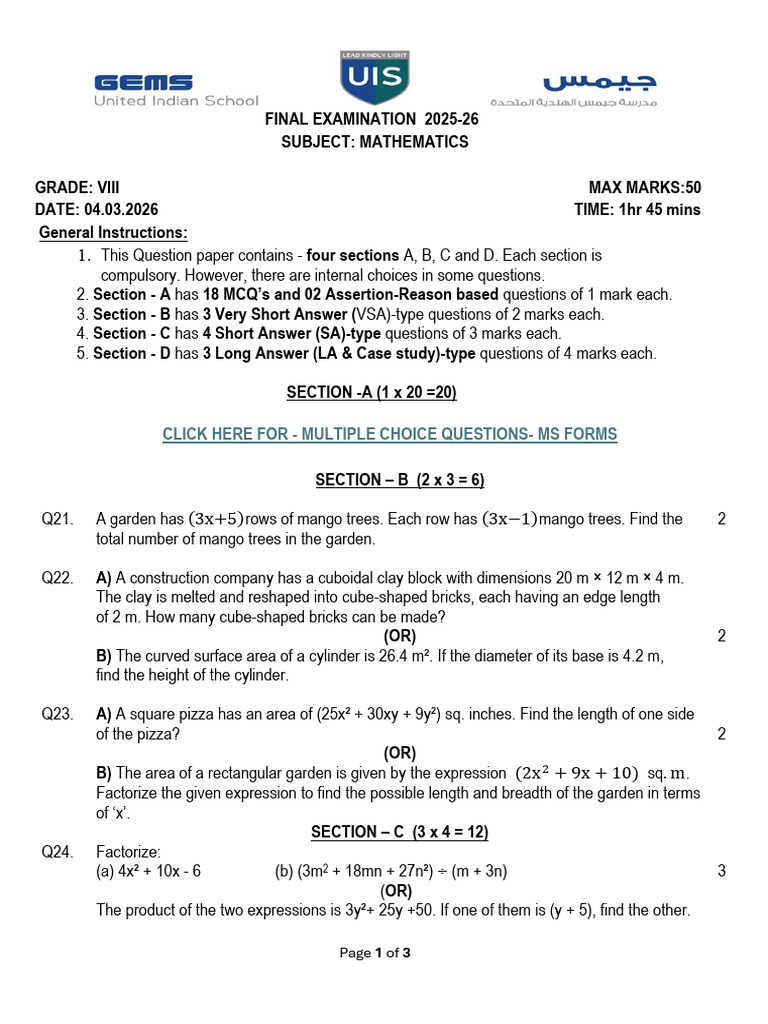 Final Exam Math - 2025 26 Final G8 - ONLINE | PDF | Area | Mathematics