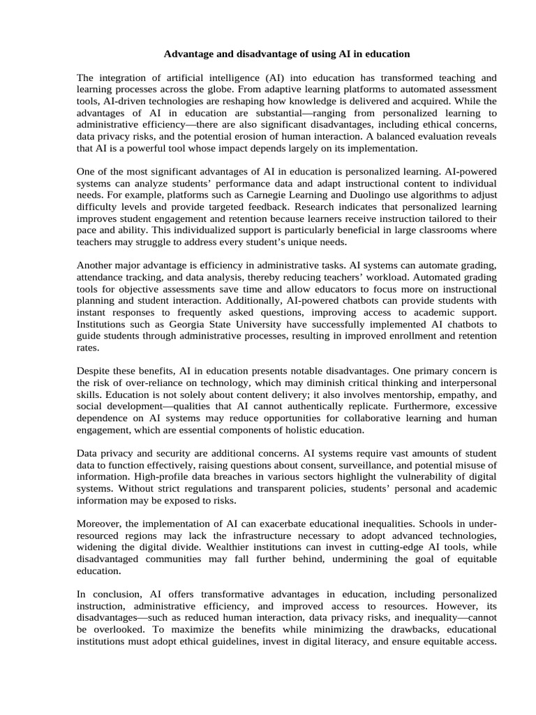 Advantage and disadvantage of using AI in education | PDF | Artificial ...