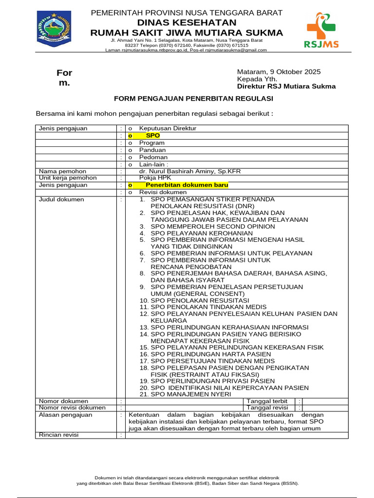 Form R1 Pengajuan Regulasi | PDF