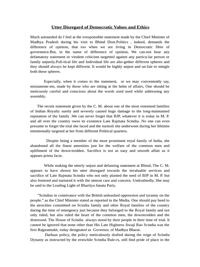 Utter Diregard of Democratic Values and Ethics | PDF