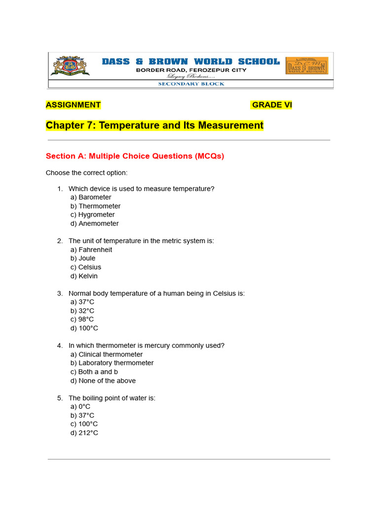 Assignment Grade VI Ch-7 | PDF | Thermometer | Temperature