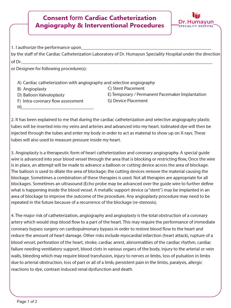 Edited Final Consent Form Cardic Angio Intervention Procudure ...