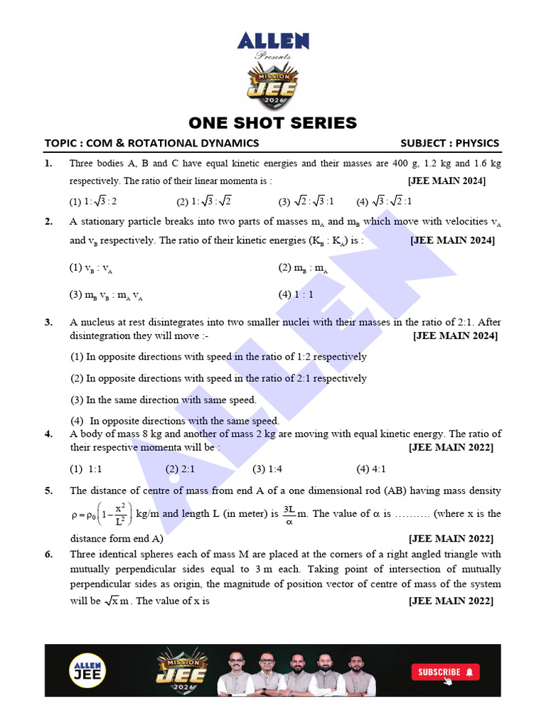 COM & Rotational Dynamics_Home Work_(Questions)-Anu Sir | PDF ...