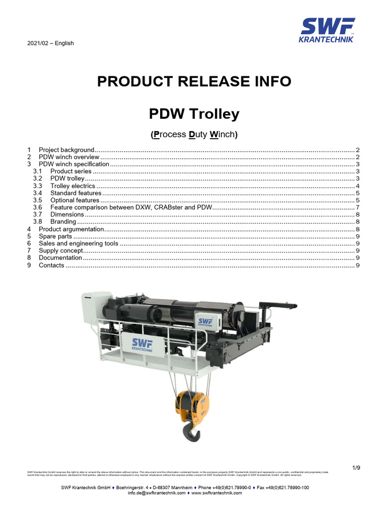 SWF Product Release Info - PDW Trolley | PDF | Crane (Machine) | Brake