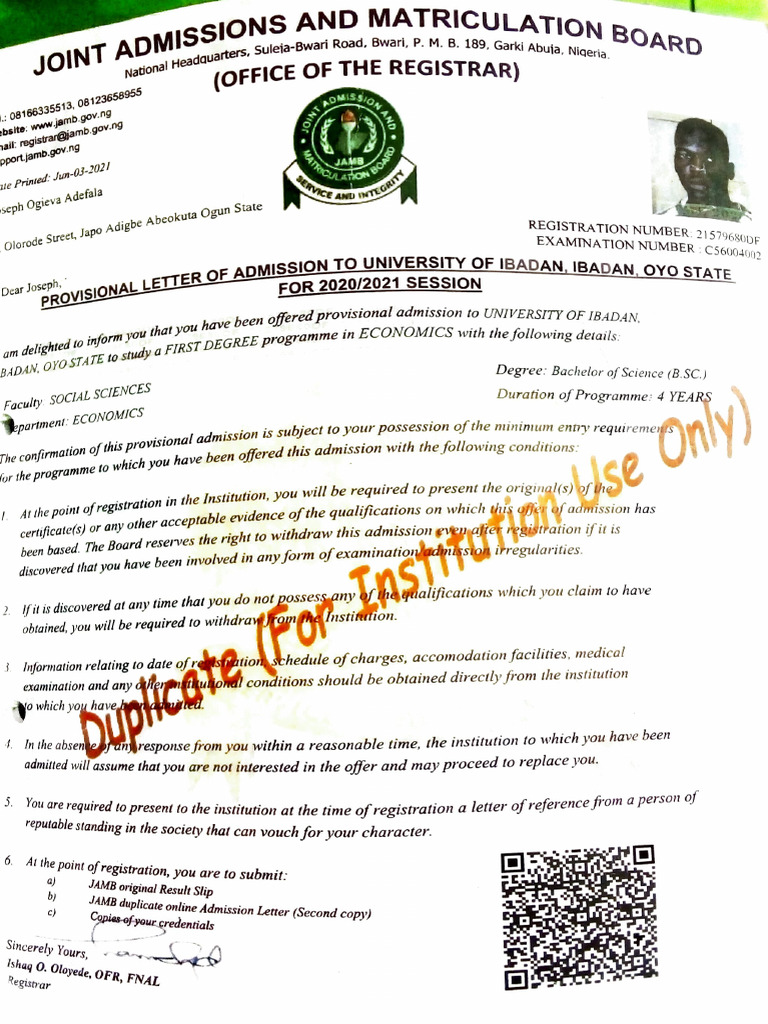 Joe Admission Letter. | PDF