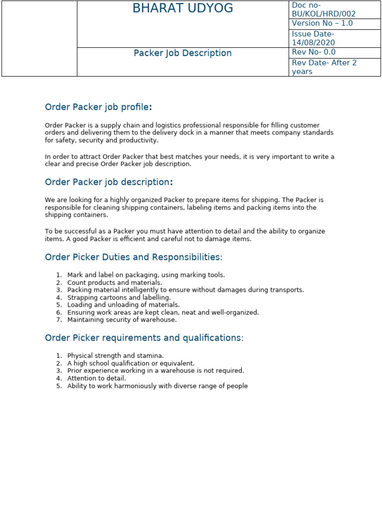 Job Description - Packer | PDF