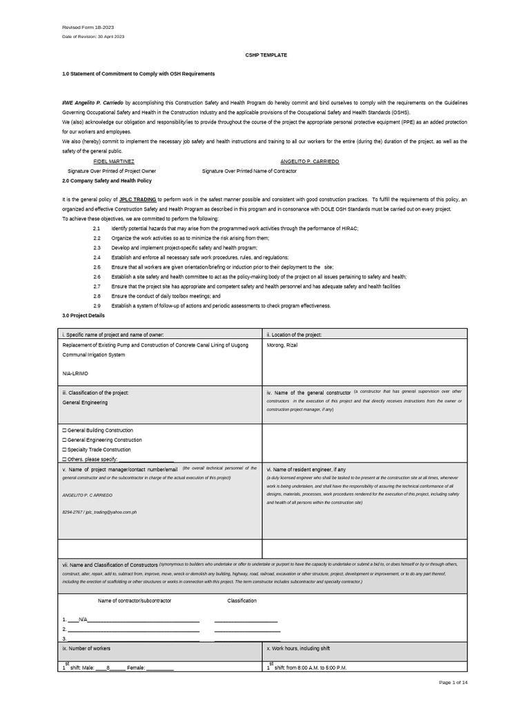 CSHP Template Comprehensive | PDF | Occupational Safety And Health ...