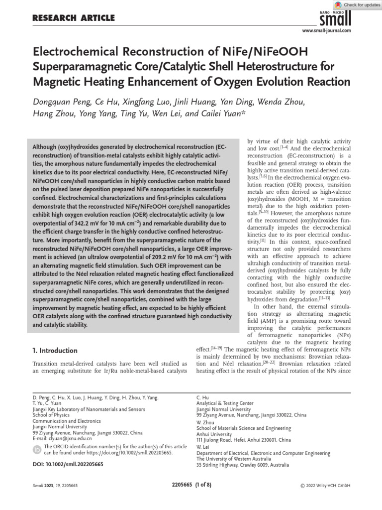 Small - 2022 - Peng - Electrochemical Reconstruction of NiFe NiFeOOH ...