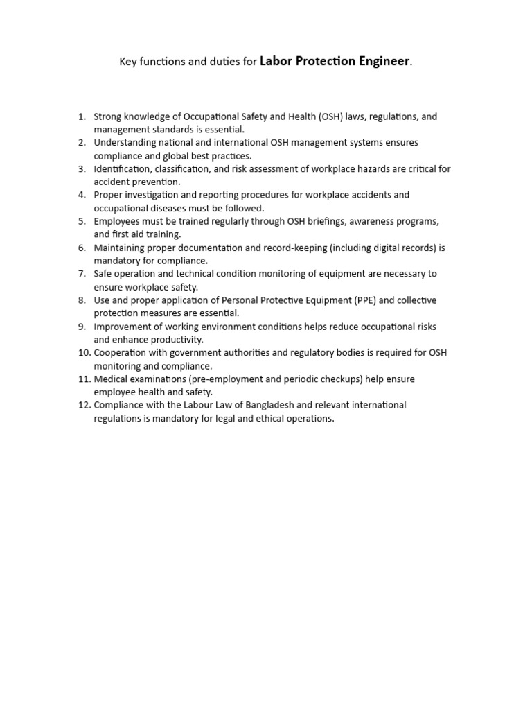 Key Functions and Duties for Labor Protection Engineer | PDF