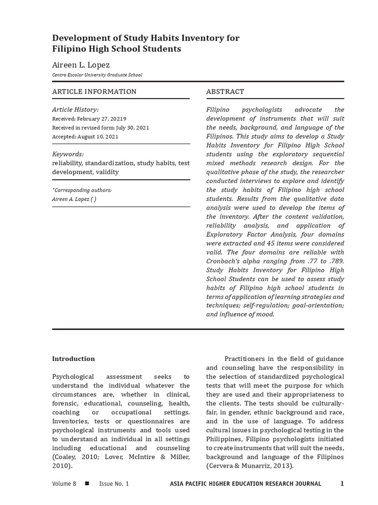 Development of Study Habits Inventory For Filipino High School Students ...