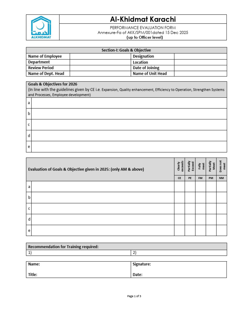 Annexure Fa Performance Evaluation Form For Upto Officer Level 15th Dec ...
