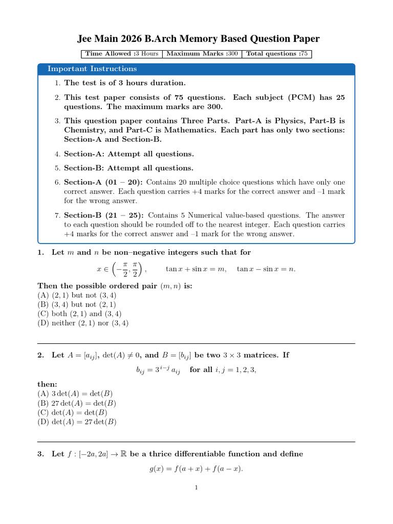 Jee Mains 2026 29 Jan Shift 1 1 | PDF | Mathematics | Mathematical Objects