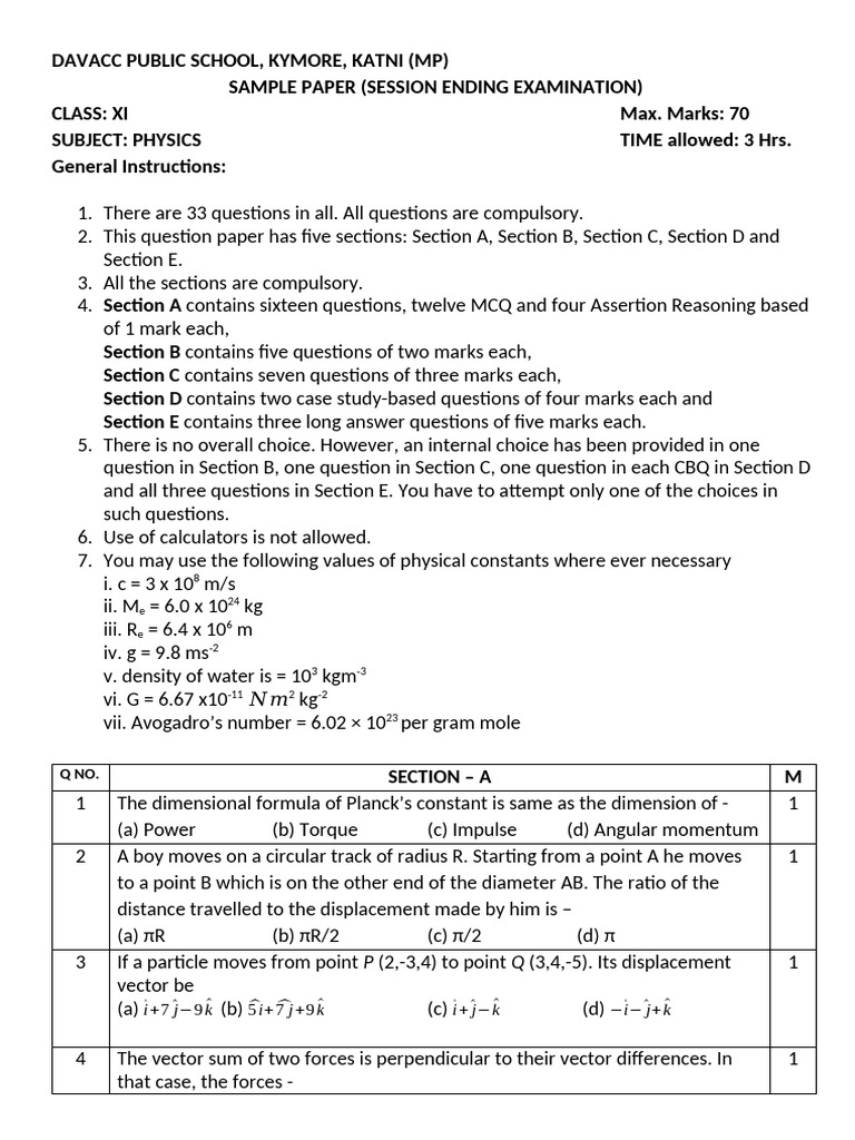 Xi Physics QP 2026 | PDF | Force | Acceleration