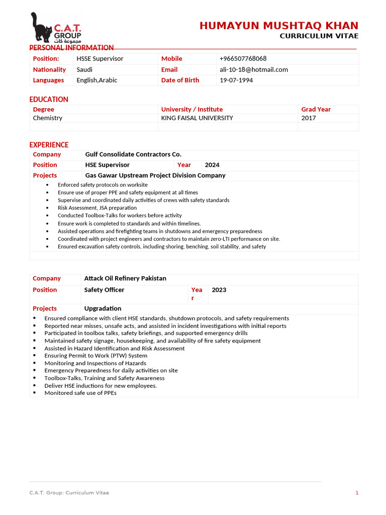 CV Format | PDF | Occupational Safety And Health | Safety