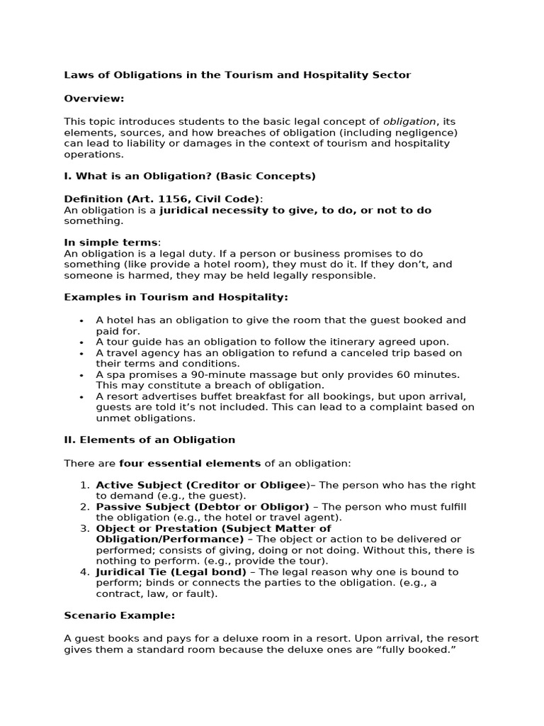 Topic #3 Laws of Obligations in the Tourism and Hospitality Sector ...