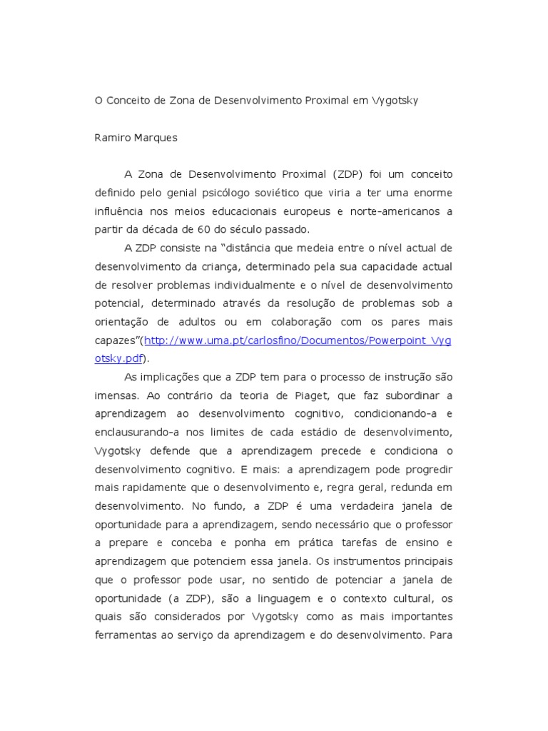 Conceito de Zona de Desenvolvimento Proximal | PDF | Aprendizado ...