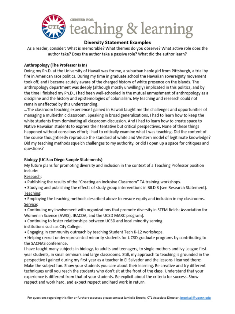 Diversity Statement Examples | PDF | Postgraduate Education | Anthropology