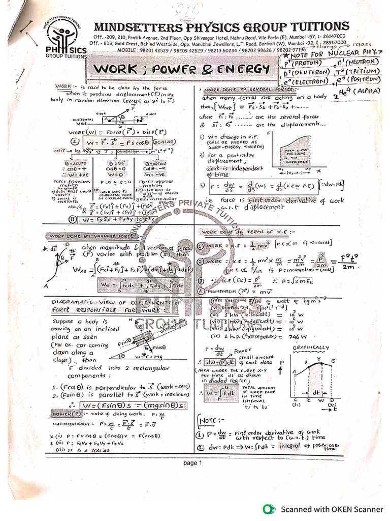 Work Power Energy Formula Sheet | PDF