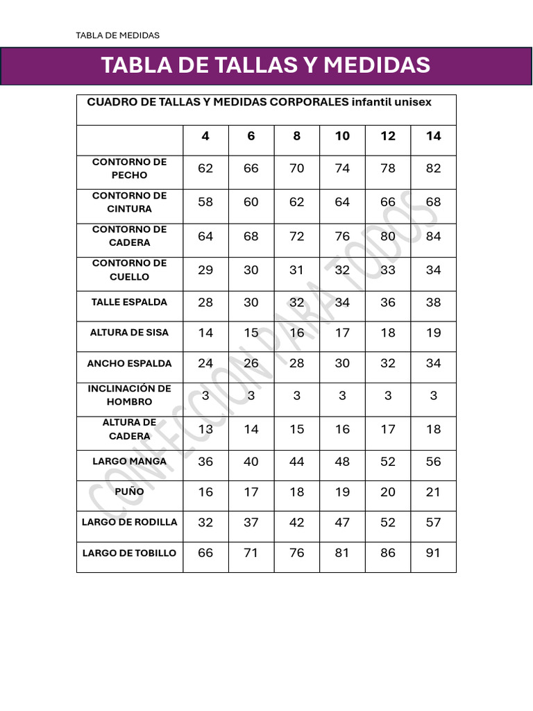 Tabla de Tallas y Medidas Infantil Unisex | PDF