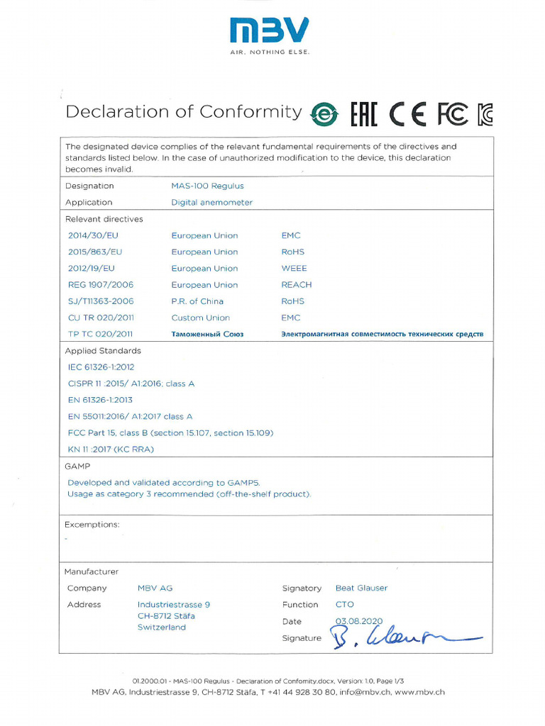 Declaration of Conformity MAS-100 Regulus | PDF