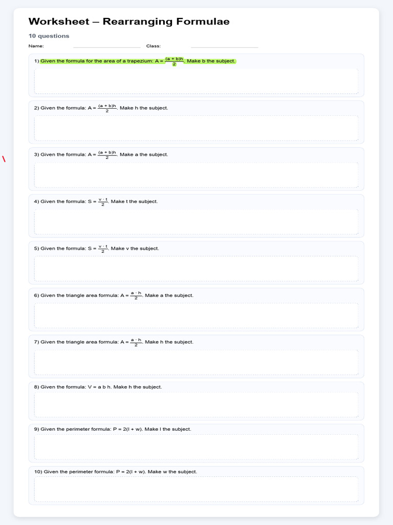 Worksheet – Formula Rearranging (10 Questions) | PDF