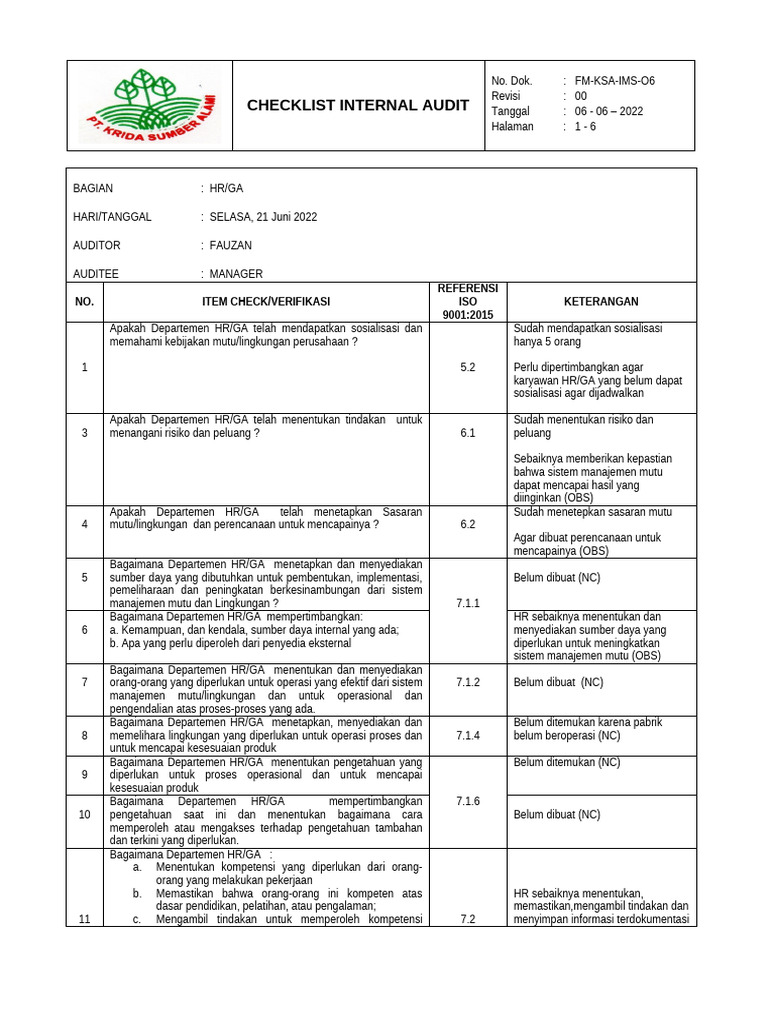 FM 06 Checklist Internal Audit. Ksa | PDF