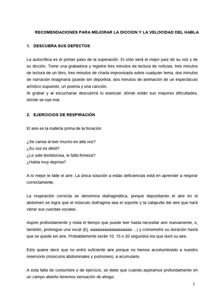 Recomendaciones para Mejorar La Dicción y La Velocidad Del Habla | PDF ...