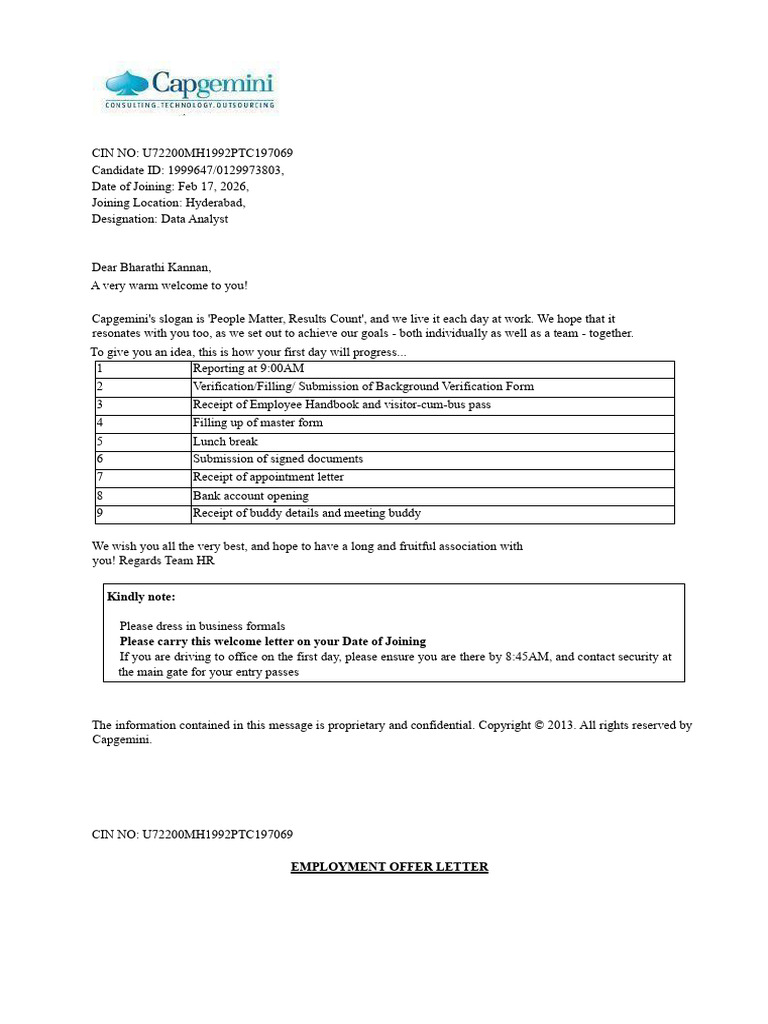 Capgemini Offer Letter | PDF | Damages | Indemnity